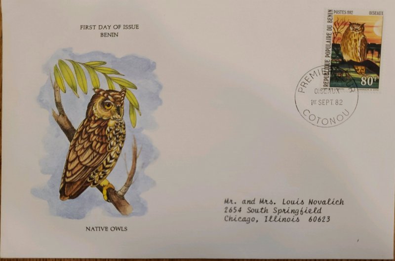 J) 1982 PEOPLE'S REPUBLIC OF BENIN, NATIVE OWLS, FDC AIRMAIL, CIRCULATED COVER,