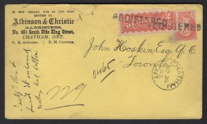 1885 Chatham, Ont to Toronto, 5c registeed with scarce “Registered Toronto ...