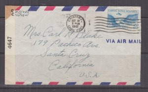 CANAL ZONE, 1942 Censored Airmail cover, 15c. Cristobal to California,