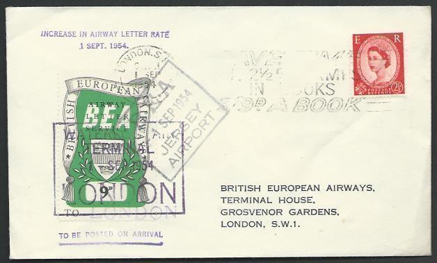 GB 1954 BEA 9d airmail stamp on flown cover Jersey to London...............53373