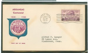 US 782 1936 3c Arkansas Centennial (single) on an addressed first day cover with an unknown cachet.