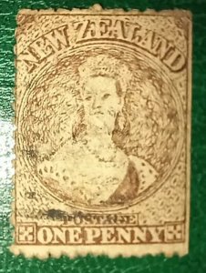 NEW ZEALAND 1864-71 Stamp Wmk Large Star 1d Brown Straight Edge Chalon Head