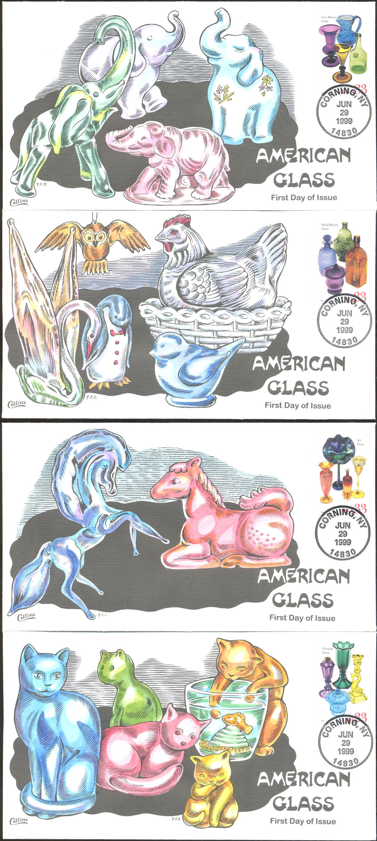 332528 American Glass Collins FDC Set United States, General Issue