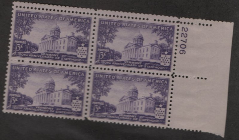 US, 903 , MNH, PLATE BLOCK,  VERMONT