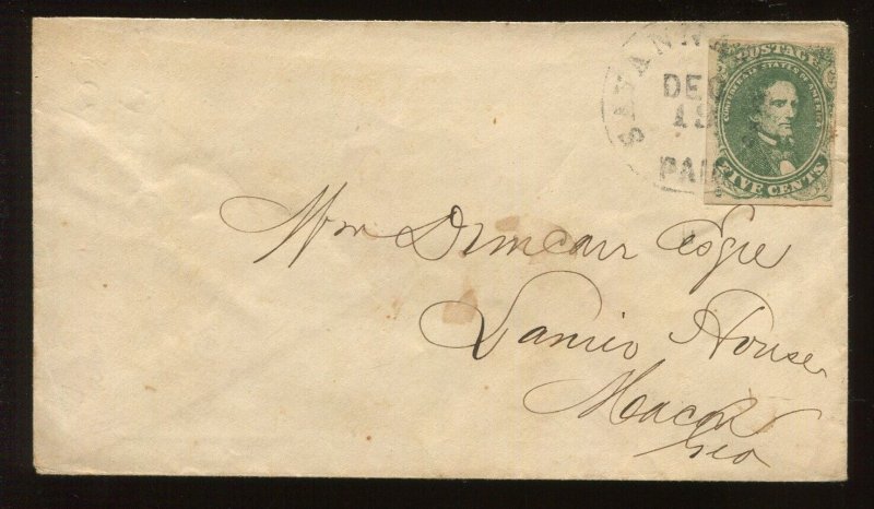 Confederate States 1 Used Tied by Black SAVANNAH GA CCL on Cover LV5010