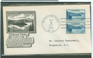 US 745 1934 6c Crater Lake (part of the National Park Series) pair on an addressed first day cover with a Washington, DC cancel