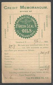 1894 Cleveland Oh The Phoenix Oil Co Credit Memo In Green & Black On UX10