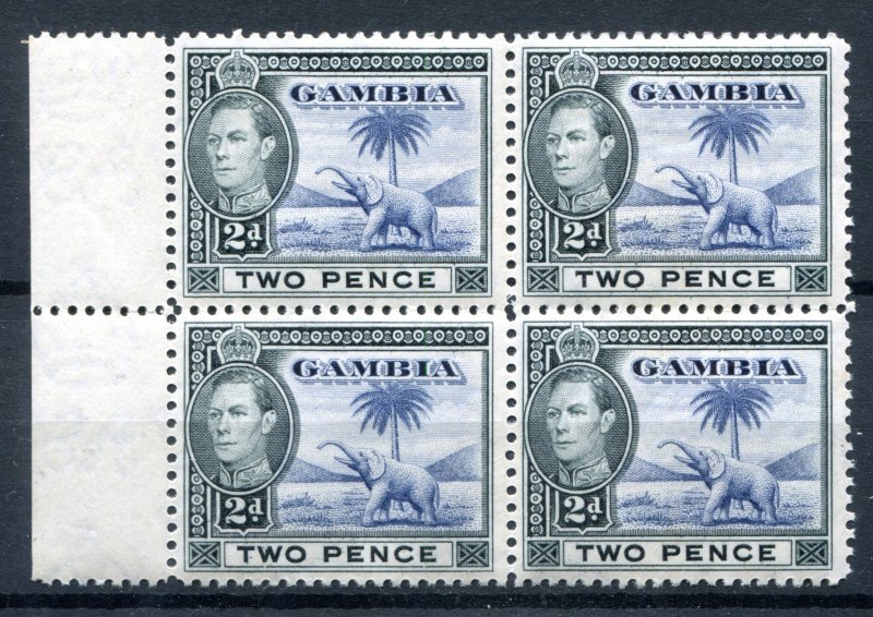 Gambia 1938 KGVI. Marginal block of 4 x 2d blue & black. Mint (NH). SG153.