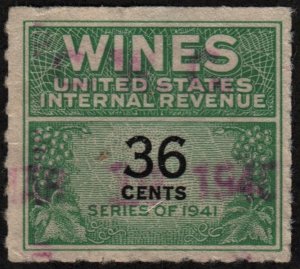 RE135 36¢ Wine Revenue Stamp (1942) Used