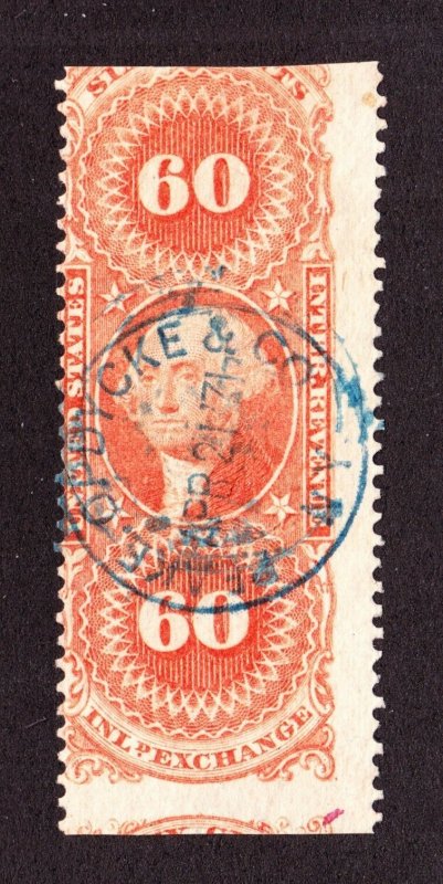 US R64b 60c Inland Exchange Used w/ Fancy Blue Hand Stamp Cancel SCV $82.50