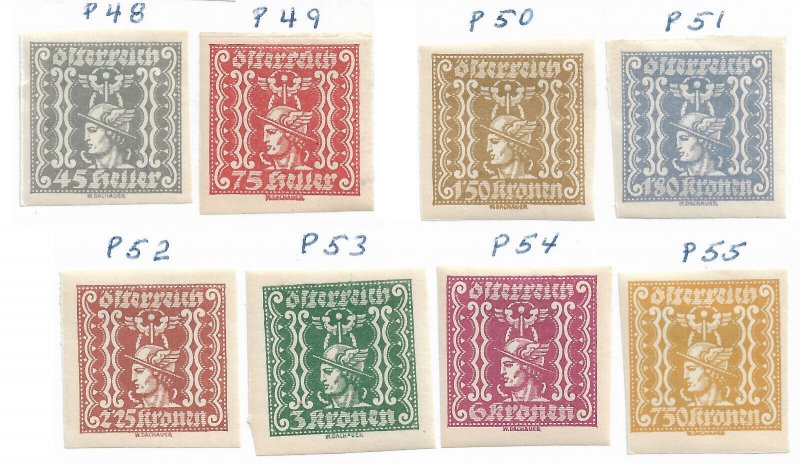 Austria Newspaper Stamp Set - #P48-P55/N11 Mercury Mint/LH 1921-1922