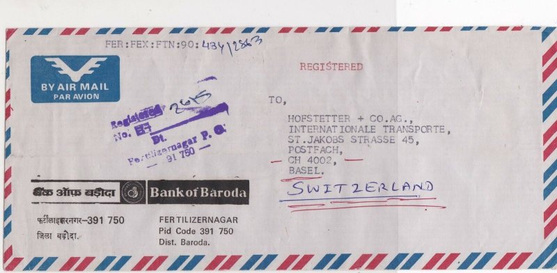 India 1990 Registered Airmail From Bank of Baroda Multiple Stamps Cover Rf 29109 