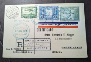 1936 Registered El Salvador Airmail LZ 129 Hindenburg Zeppelin Cover to Germany