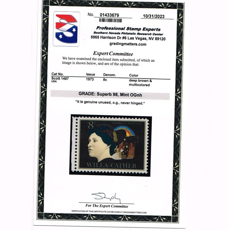 EXCEPTIONAL GENUINE SCOTT #1487 MINT PRISTINE OG NH PSE CERT GRADED SUPERB-98