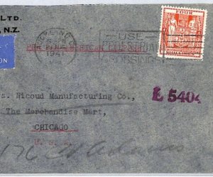 NEW ZEALAND WW2 Censor Air Mail 1941 Cover 4s *POSTAL FISCAL* USA Chicago  YL75