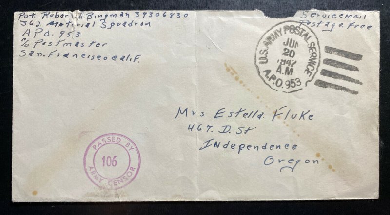 1942 Hawaii US Army Post Office Censored Airmail Cover To Independence OR USA