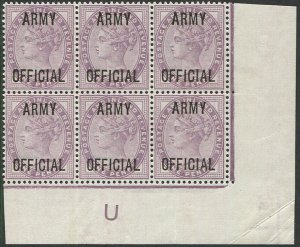 GB Officials 1887 Army 1d sgO43 control U corner block of six, stamps unmounte
