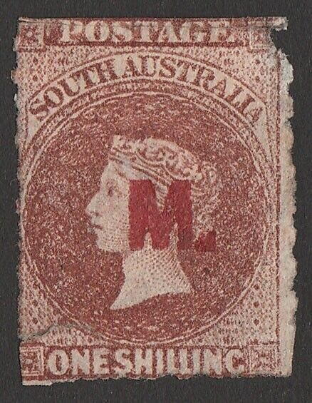 SOUTH AUSTRALIA Military 'M.' red QV 1/-, rouletted. Extremely rare. Certificate