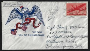 US WWII 1943 PATRIOTIC COVER THE EAGLE WILL GET THE RATTLESNAKE BARBERINA OHIO