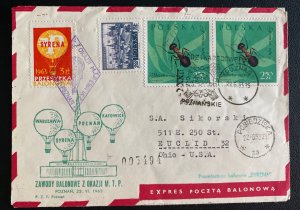 1963 Poznan Poland Balloon Flight Airmail Express Cover To Euclid OH USA