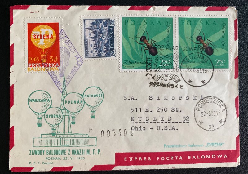 1963 Poznan Poland Balloon Flight Airmail Express Cover To Euclid OH USA