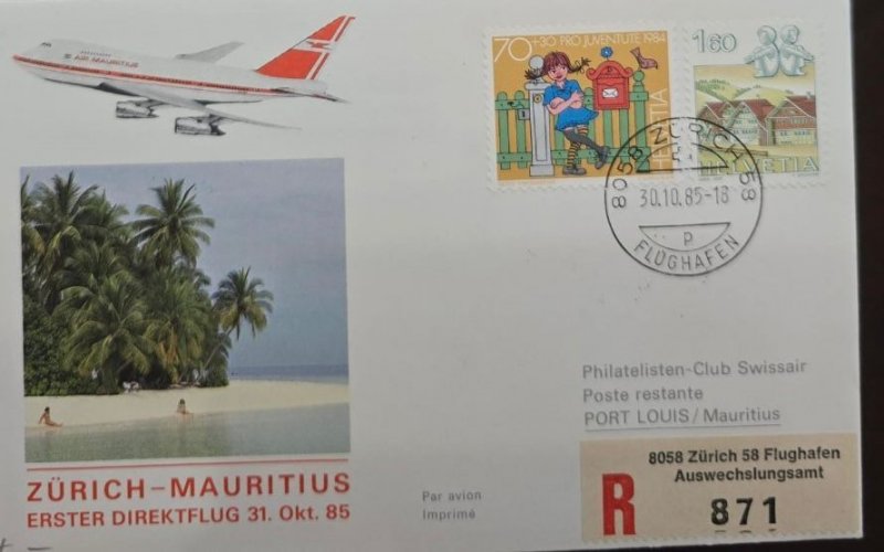 KV)1985 SWITZERLAND, FIRST DIRECT FLIGHT FROM ZURICH TO MAURITIUS WITH S