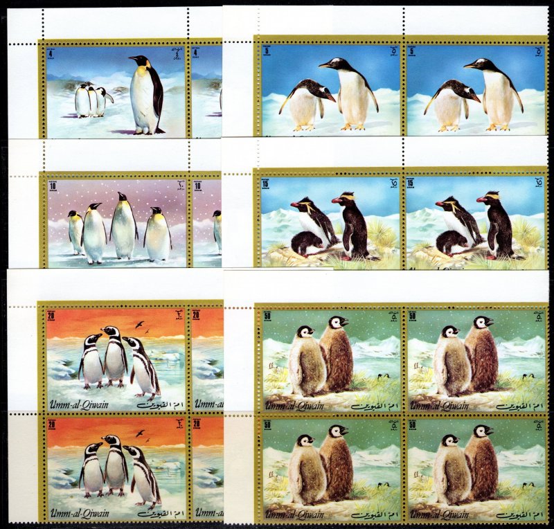 UMM AL QIWAIN 1972 Mi#630A/635A PENGUINS IN THE ANTARTICA Corner BLOCK OF 4 MNH