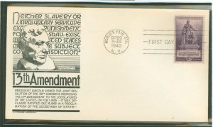 US 902 1940 3c Commemorating the 13th amendment (Lincoln) single on an unaddressed first day cover with an Anderson cachet.