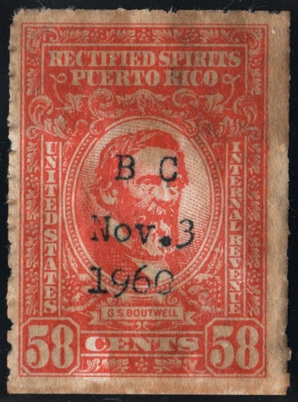 Puerto Rico #RE45 58¢ Rectified Spirits (1942) Used