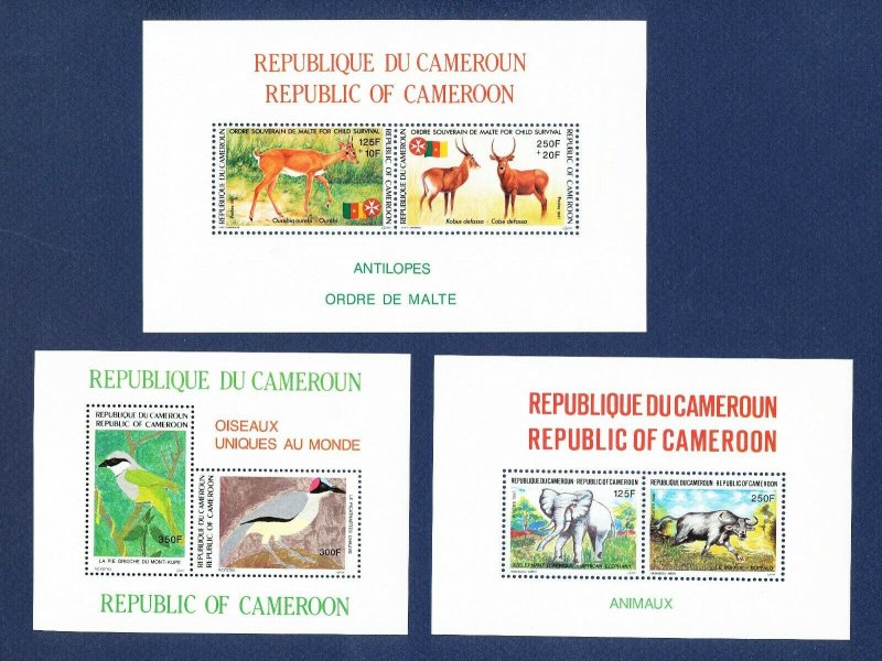 CAMEROUN - Sc 864a, 866a, B40a-  FVF MNH 3 S/S - birds, elephant, antelope, 1991