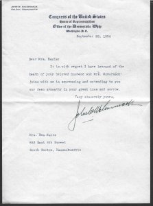 US 1954 AUTOGRAPH OF JOHN W. MCCORMACK MAJORITY LEADER OF THE CONGRESS LETTER