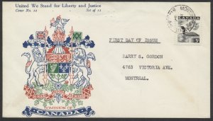 1957 Canada FDC #369 5c Loon Wildlife Gordon Coat of Arms Cachet Montreal Stn B