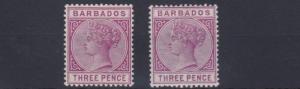 BARBADOS  1882 - 86   SG 95 + 96   BOTH DEEP AND REDDISH PURPLE  LMH   CAT £130