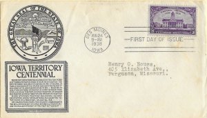 1938 FDC, #838, 3c Iowa Territory Centennial, Anderson