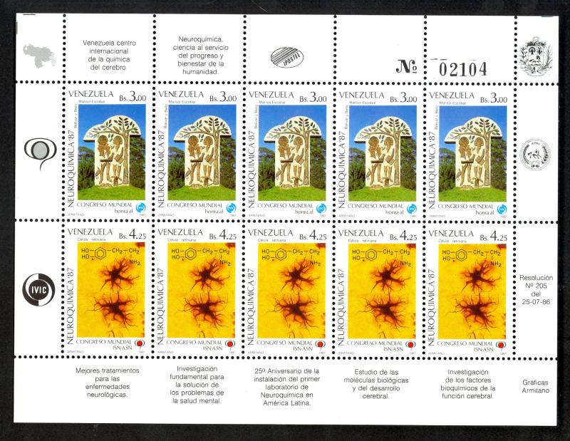 VENEZUELA 1987 NEUROCHEMISTRY Congress Sc 1387a in Miniature Sheet of 5Pairs MNH