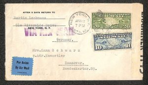 USA SCOTT C7 & C9 AIRMAIL STAMPS NEW YORK TO GERMANY CENSORED COVER (1939)