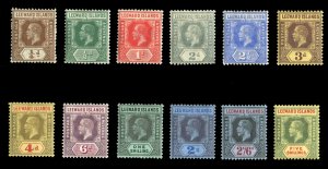 Leeward Islands #51-57 Cat$161, 1912-22 George V, complete set, hinge remnant