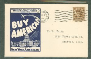 US 706 1933 March 4, 1933 Franklin D. Roosevelt first inauguration with a NYC City Hall Annex cancel on an addressed (typed) cov