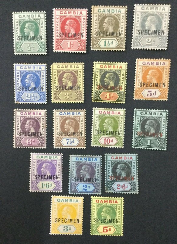 MOMEN: GAMBIA SG #86s-102s SPECIMEN 1912-22 MINT OG H LOT #191839-364