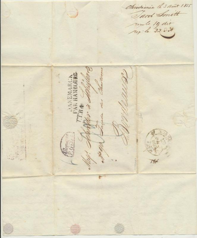 NORWAY 1835 CHRISTIANIA TO BORDEAUX FRANCE LETTER, GOOD MARKINGS (SEE BELOW)