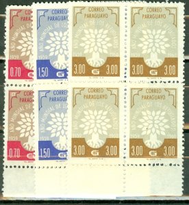 QJ: Paraguay 560-4, C265-8 MNH blocks of 4 CV $48; scan shows only a few