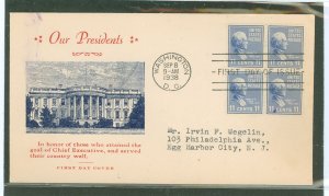 US 816 1938 11c James Polk (part of the presidential/prexy definitive series) block of four on an addressed first day cover with