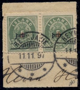 ICELAND #32, Prir 3 on 5aur, pair used on piece Gronlund & Pollak certificates