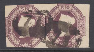 Great Britain Sc 7 used. 1854 6p red violet Victoria, imperf pair, sound, F-VF