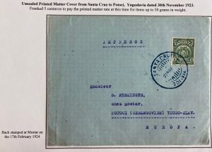 1923 Santa Cruz Bolivia Rare Destination Cover To Potoci Yugoslavia