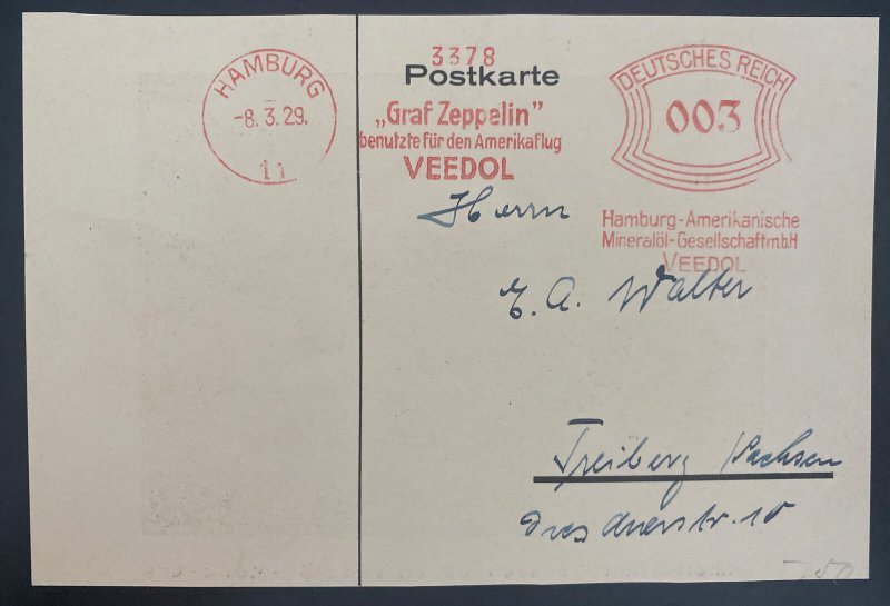 1929 Hamburg Germany Zeppelin Advertising Postcard Cover To Freiberg