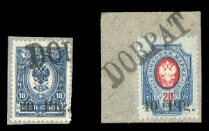 Estonia #N1-2 Cat$320, 1918 surcharges, set of two canceled on pieces by Dor...