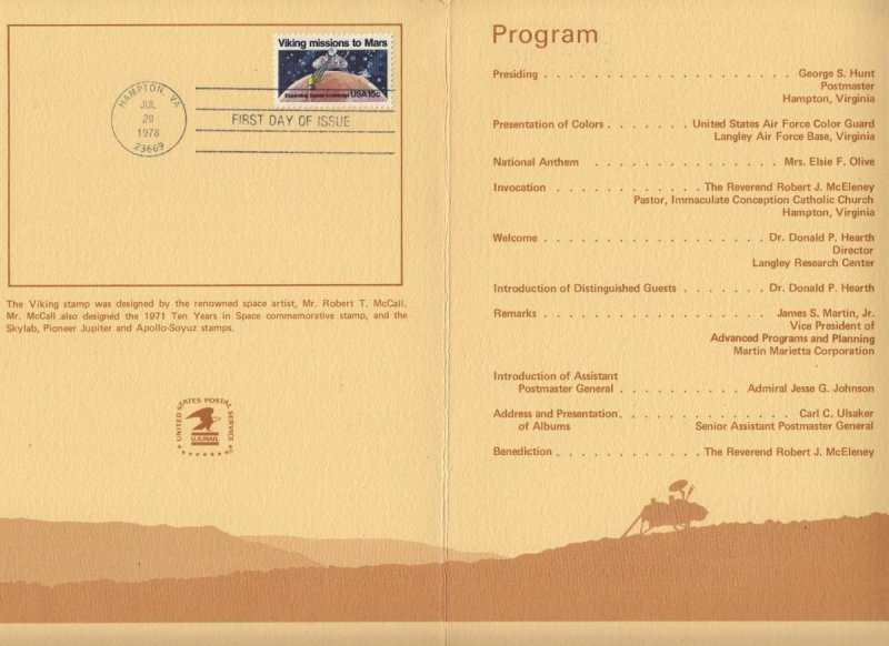 1978 Viking Mars Mission Sc 1759 First Mars Landing FDC Souvenir Program