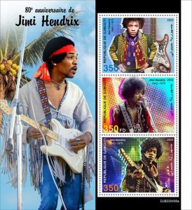 DJIBUTI - 2022 -  Jimi Hendrix - Perf 3v Sheet - Mint Never Hinged