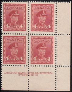 Canada 1943 MNH Sc #254 4c George VI War Plate 31 LR Block of 4